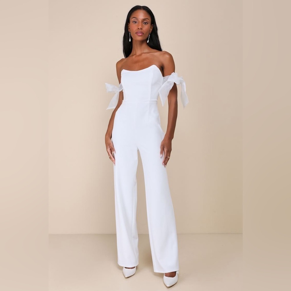 NWOT Lulus Pristine Aura White Tie-Strap Off-the-Shoulder Jumpsuit
